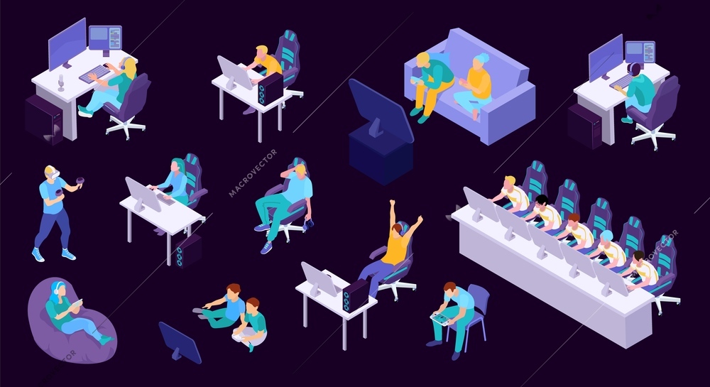 Isometric gamers set with isolated icons of people and gaming accessories cyber sports team and electronics vector illustration