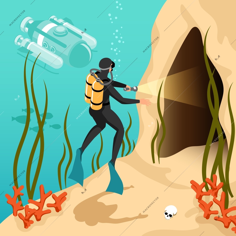 Underwater exploration isometric cartoon background with scuba diver illuminating underwater cave with  flashlight vector illustration