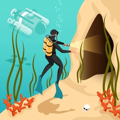 Underwater exploration isometric cartoon background with scuba diver illuminating underwater cave with  flashlight vector illustration