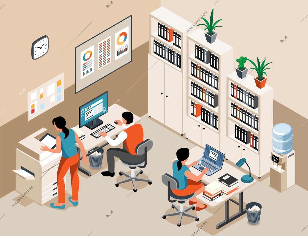 Office people working with computer and printing document on printer isometric background vector illustration