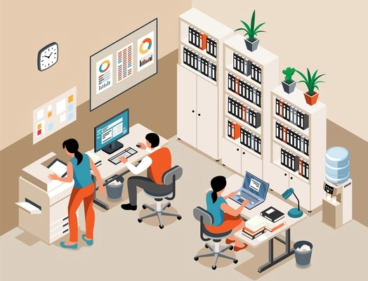 Office people working with computer and printing document on printer isometric background vector illustration