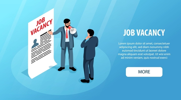 Job vacancy horizontal banner demonstrating hr manager with megaphone engaging in recruitment isometric vector illustration