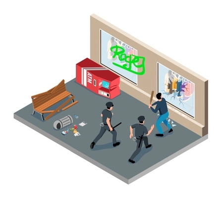 Urban vandalism scene isolated object with police officers detaining hooligan breaking glass showcase isometric vector illustration