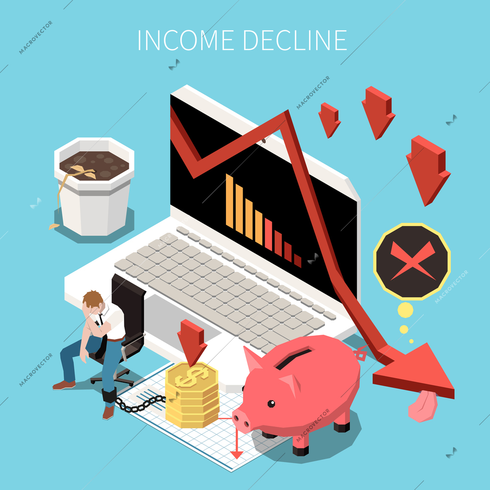 Inflation recession financial economic crisis downfall isometric composition with laptop drop piggy bank and sad clerk vector illustration