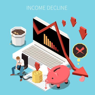 Inflation recession financial economic crisis downfall isometric composition with laptop drop piggy bank and sad clerk vector illustration