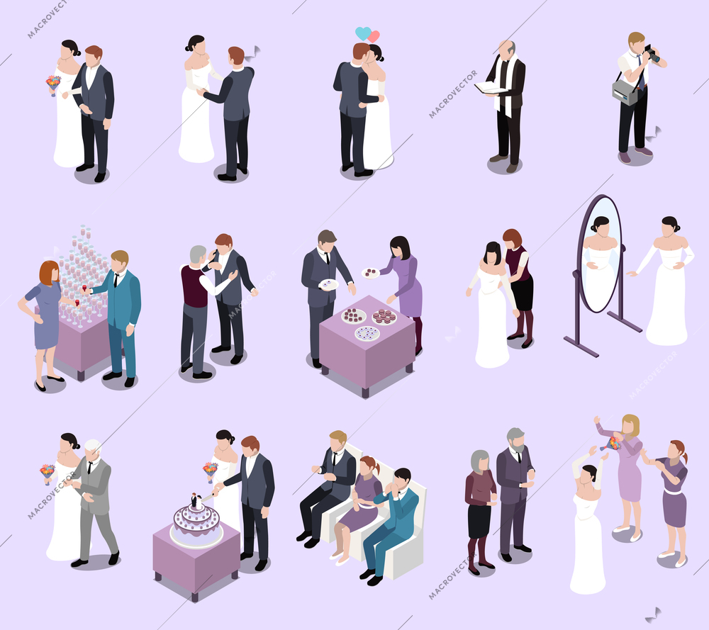 Wedding marriage isometric set of isolated icons with human characters of ceremony master bride and groom vector illustration