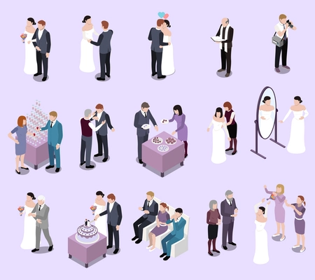 Wedding marriage isometric set of isolated icons with human characters of ceremony master bride and groom vector illustration