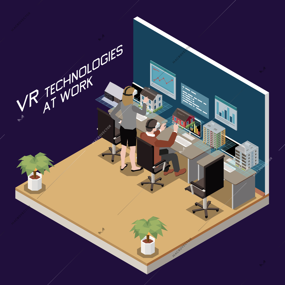 Virtual augmented reality isometric composition with text and isolated view of office workers wearing vr accessories vector illustration