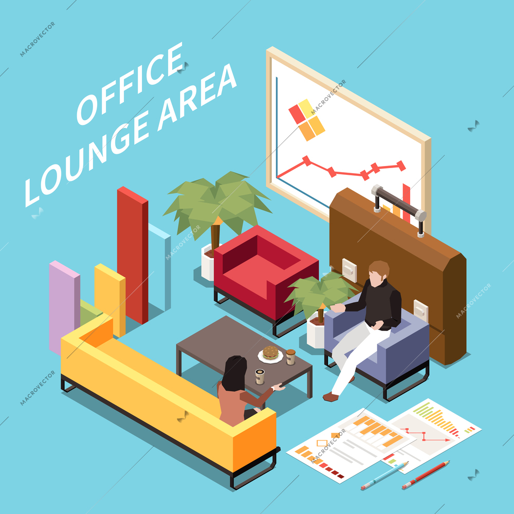 Office recreation facilities isometric composition with view of interior with coworkers having coffee break with text vector illustration