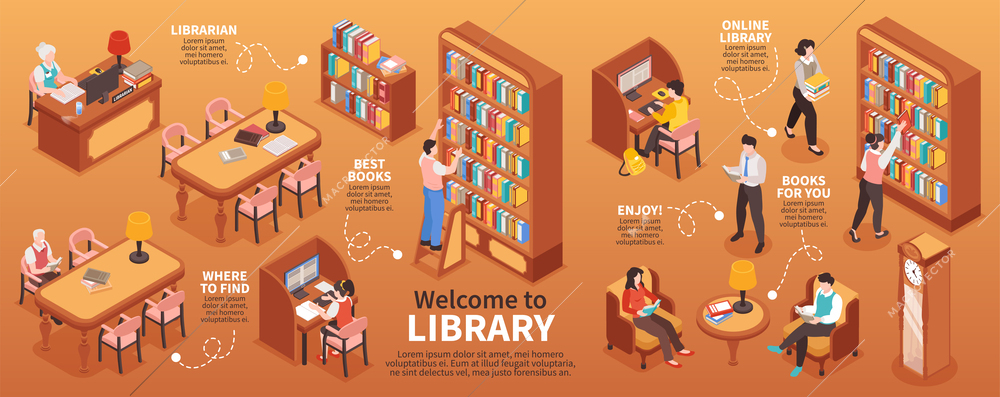 Library infographic with online library symbols isometric  vector illustration