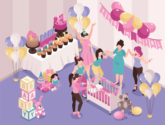 Baby shower background with celebration party symbols isometric vector illustration