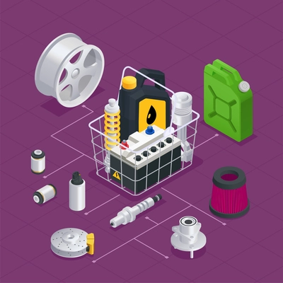 Car parts spares isometric composition with isolated spare details icons and shopping basket with purchased goods vector illustration