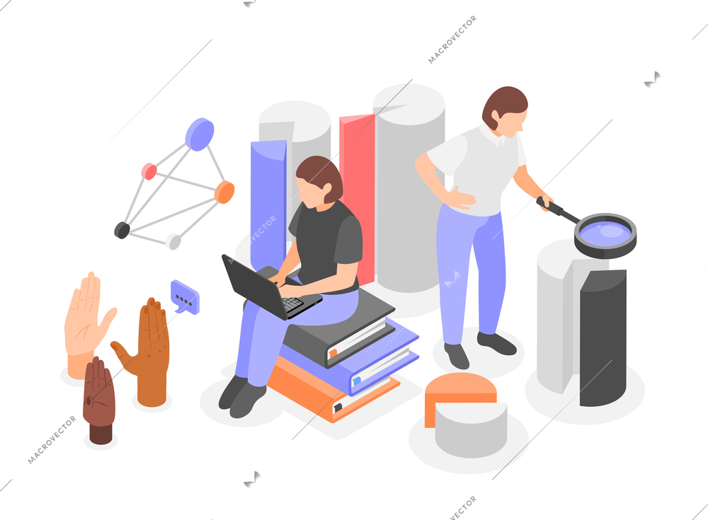 Sociology isometric composition with isolated view of female characters discovering internet books charts with human hands vector illustration