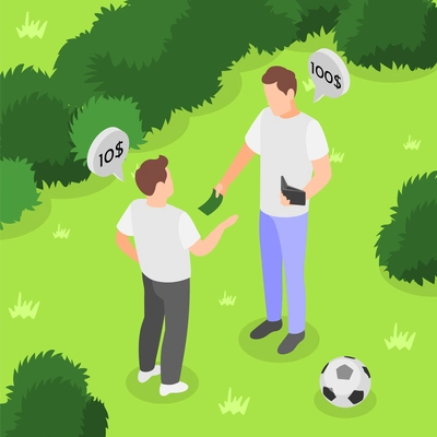 Excess spending isometric background composition with park scenery grass bushes and father giving money to son vector illustration