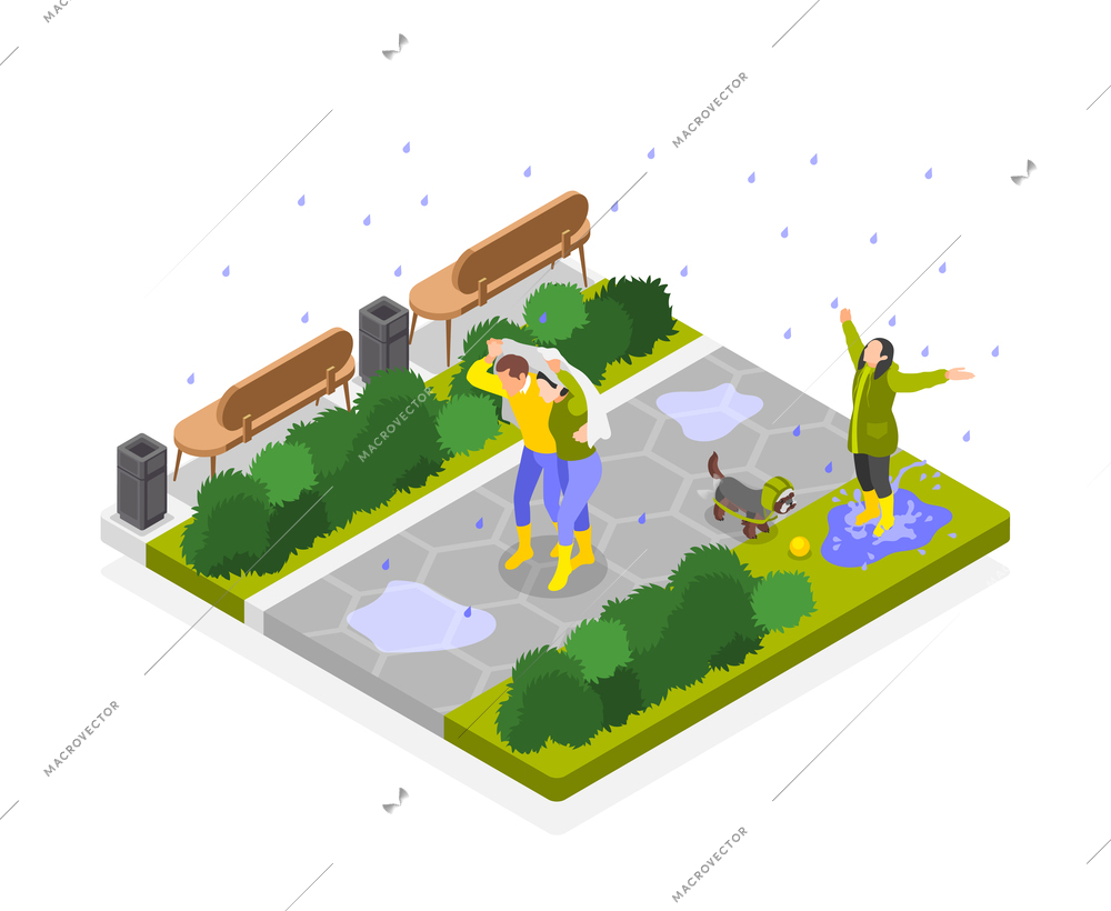 Rainy day isometric composition with isolated view of people in park walking under rainfall covering heads vector illustration