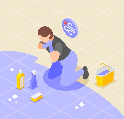 Asthma symptoms and treatment isometric background composition with female housemaid got asthmatic attack while cleaning up vector illustration