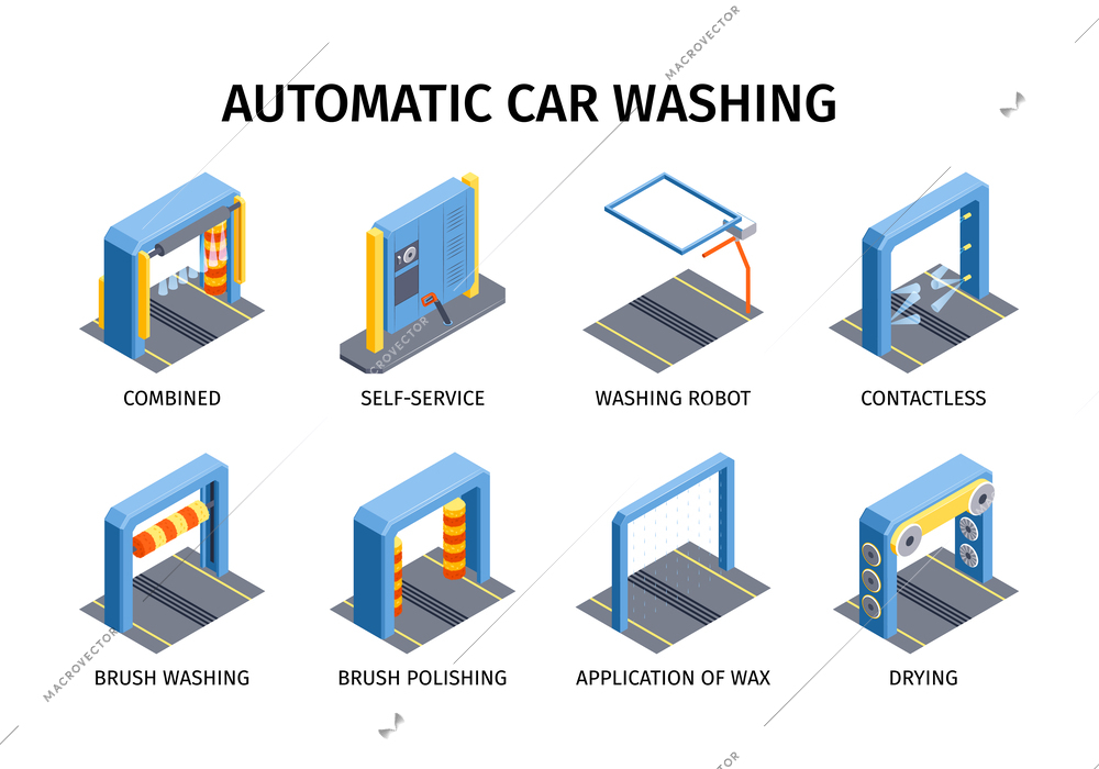 Isometric automated car wash set of isolated compositions with text captions views of frame with equipment vector illustration