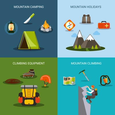 Climbing design concept set with mountain camping and hiking equipment flat icons isolated vector illustration