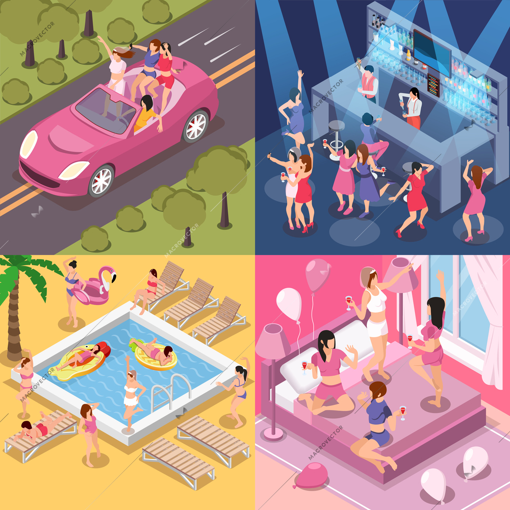 Bachelorette party hen party isometric set with square compositions of hotel room club beach and road vector illustration