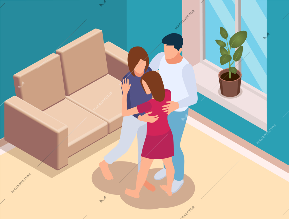 People support isometric composition with living room indoor scenery and faceless characters of parents hugging daughter vector illustration