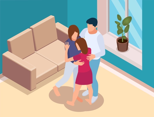 People support isometric composition with living room indoor scenery and faceless characters of parents hugging daughter vector illustration