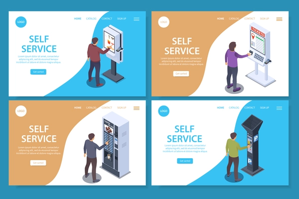 Self service isometric set with editable text get started button and human characters working with terminals vector illustration