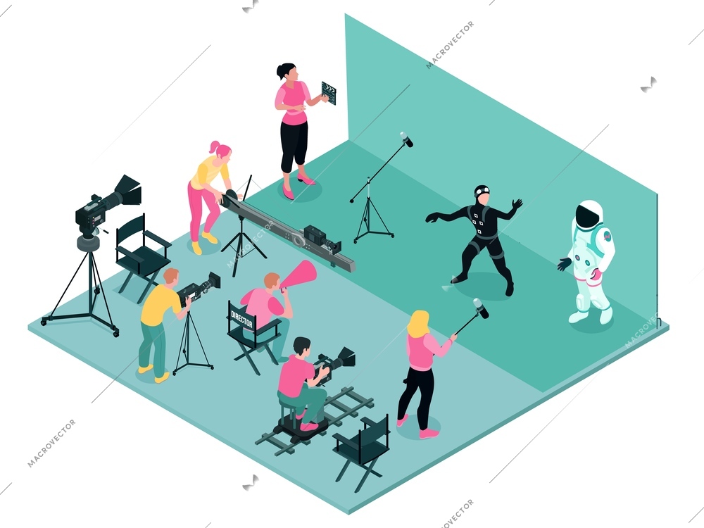 Isometric cinema production composition with isolated view of filming location with chroma key and human characters vector illustration