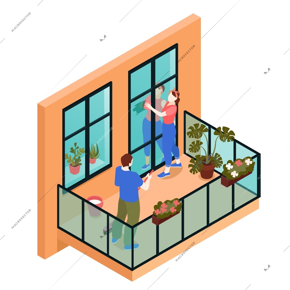 Isometric house facade composition with isolated view of modern balcony with man and woman cleaning up vector illustration