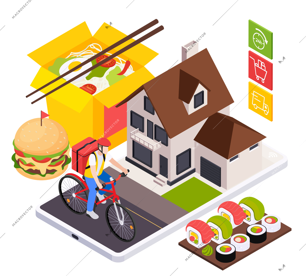 Online takeaway food order delivery service isometric infographics with icons of meals smartphone and delivery boy vector illustration