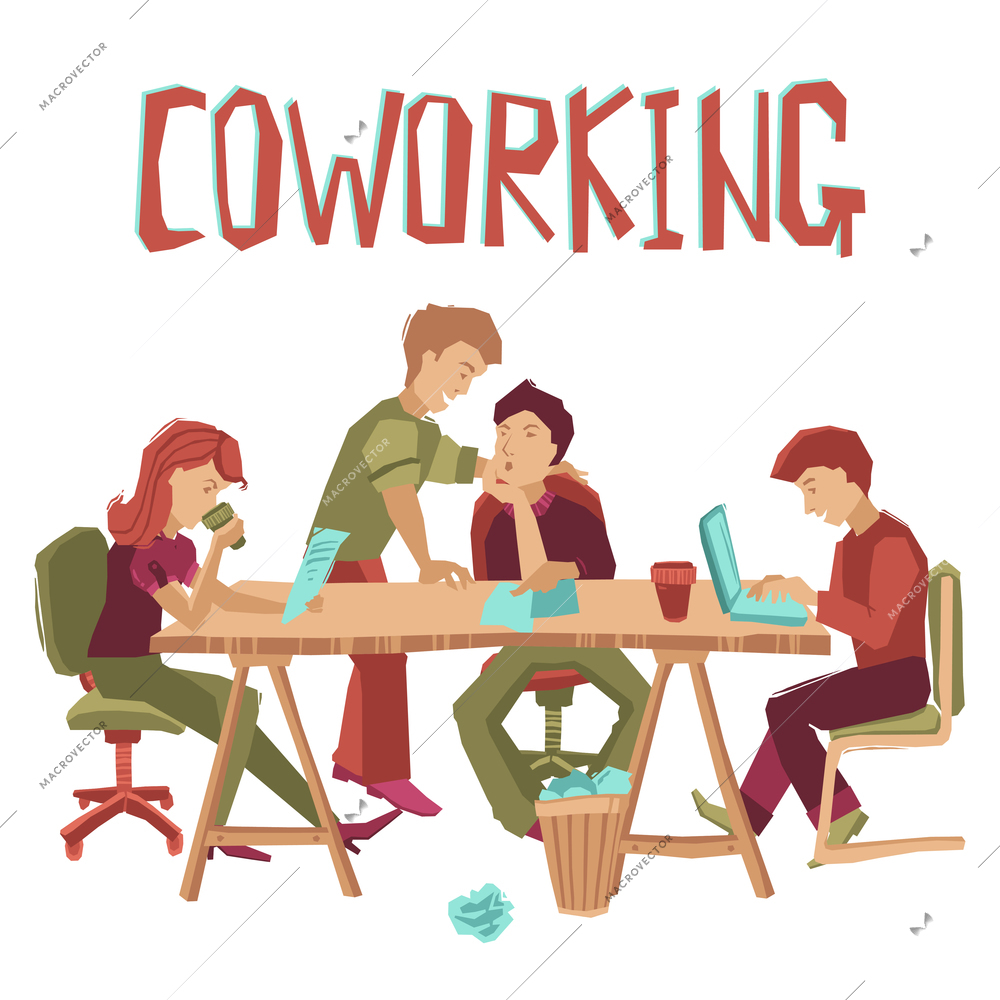 Coworking center concept with people working at table and talking flat vector illustration