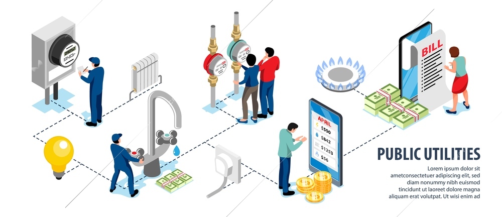 Accounting and control of public utilities isometric infographics demonstrating measuring supply and use of resources vector illustration