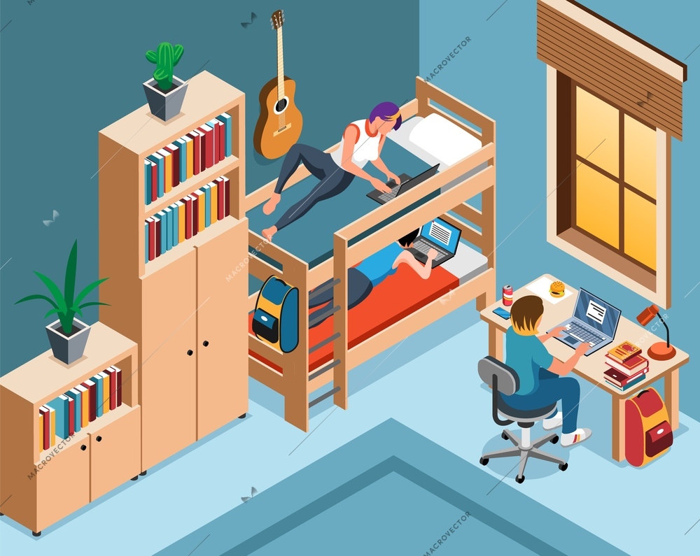 Student dormitory living room isometric background with neighbors studying home together vector illustration