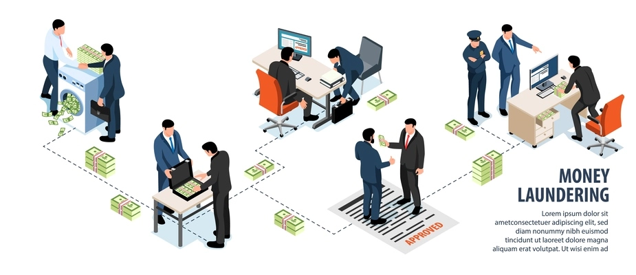 Money laundering isometric infographics showing bribery and corruption in politics and business vector illustration