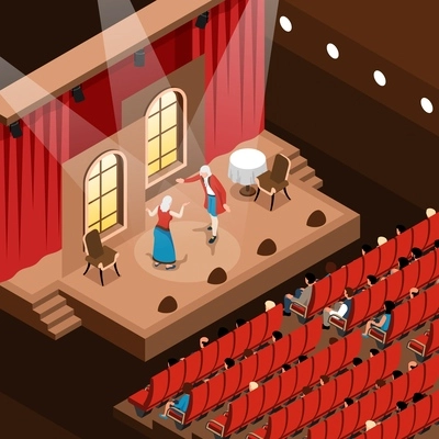 Isometric fragment of theater auditorium with actors playing on stage and spectator vector illustration