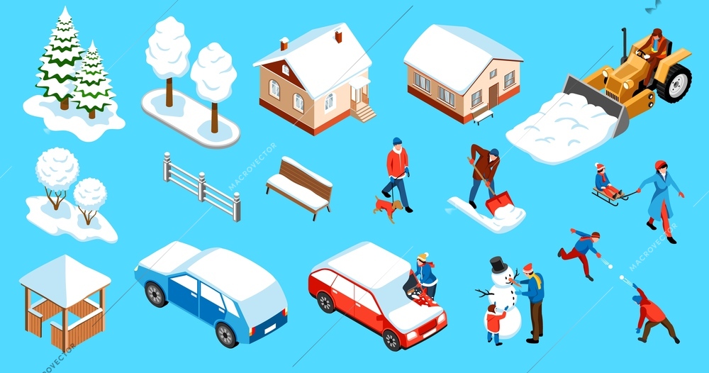 Winter city isometric set of snow covered houses and cars man with shovel children playing snowballs isolated vector illustration