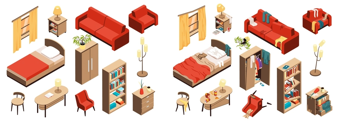 Dirty and clean room isometric comparison set of interior items before and after cleaning isolated vector illustration