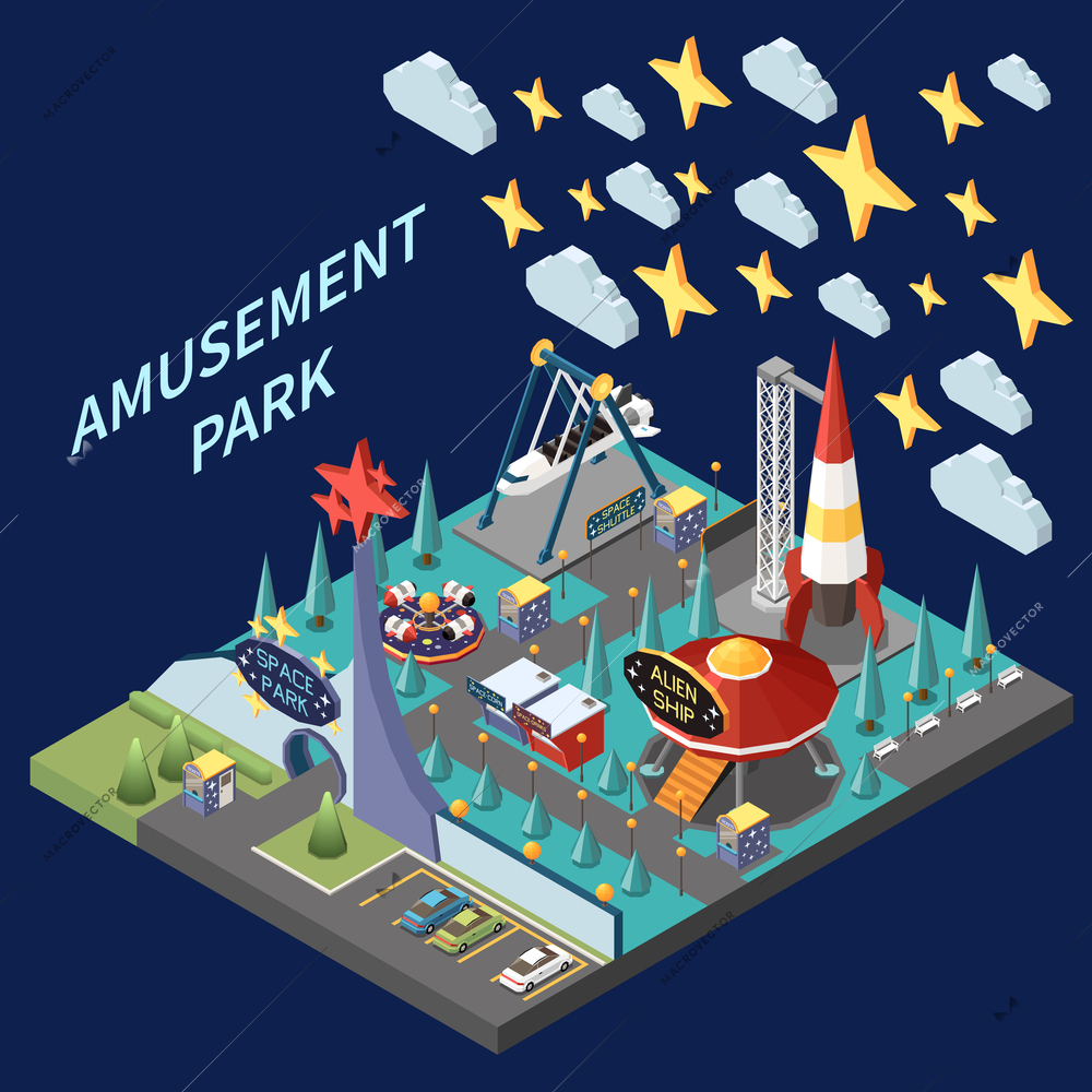 Amusement park isometric composition with isolated view of thematic space park with rockets and alien ship vector illustration