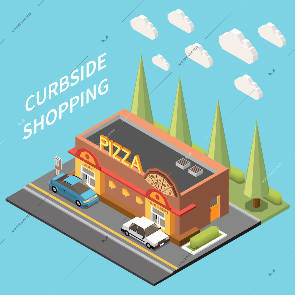Curbside pickup drive thru drive through isometric composition with isolated view of pizzeria with cars queue vector illustration