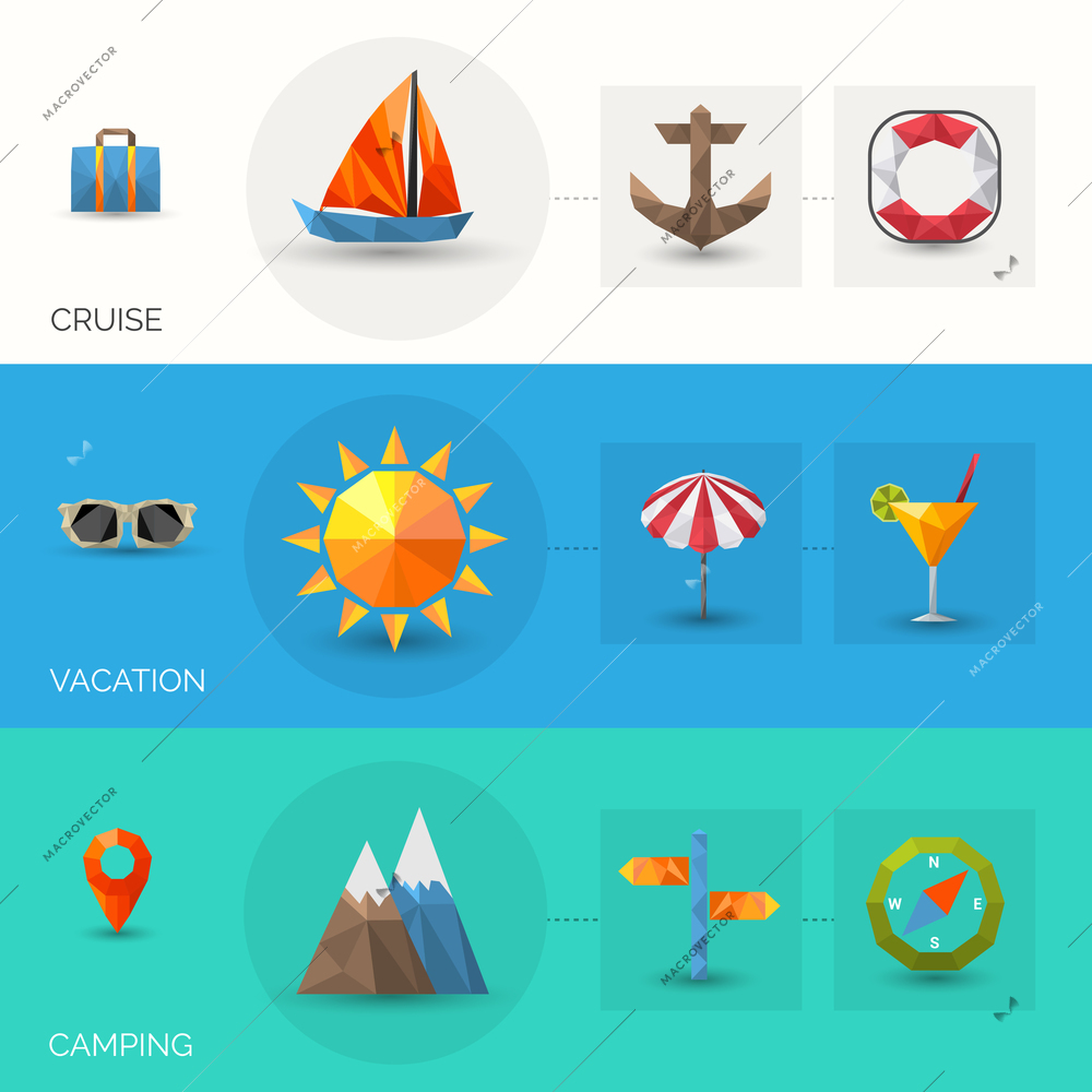 Travel horizontal banner set with cruise vacation and camping polygonal elements isolated vector illustration