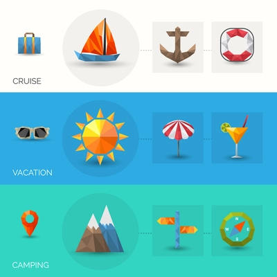 Travel horizontal banner set with cruise vacation and camping polygonal elements isolated vector illustration
