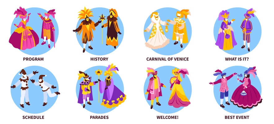 Isometric venetian costumes carnival set of compositions with text and different outfits for carnival of venice vector illustration