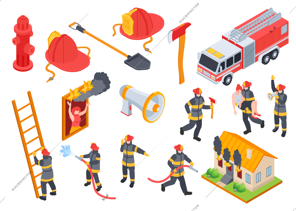 Isometric firefighter set of isolated icons with pieces of equipment firemen crew members and burning house vector illustration