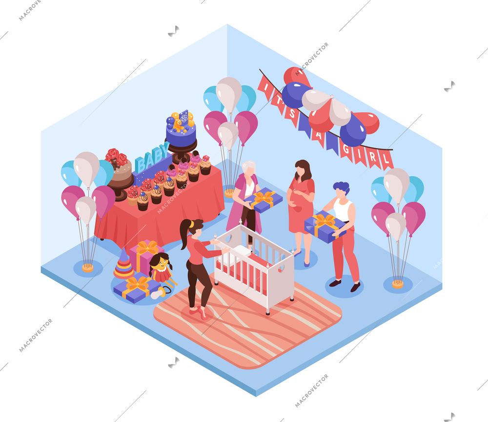 Isometric baby shower composition with isolated view of childrens room with festive family members and presents vector illustration