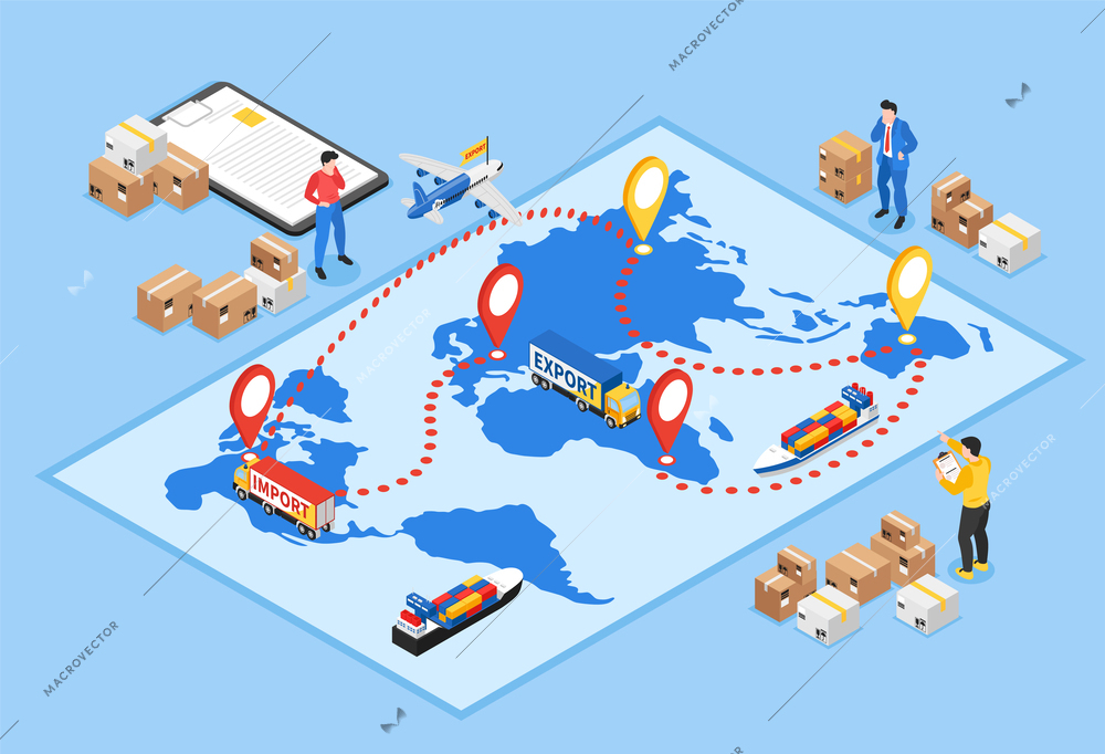 Isometric export import composition with warehouse workers and world map with routes and moving cargo vehicles vector illustration