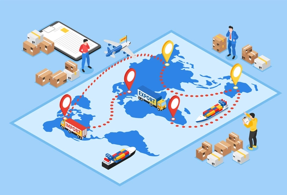 Isometric export import composition with warehouse workers and world map with routes and moving cargo vehicles vector illustration