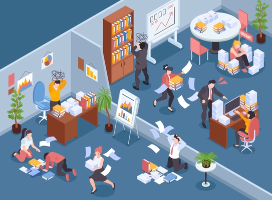 Isometric office chaos background composition with indoor office scenery and crazy coworkers running shouting throwing papers vector illustration