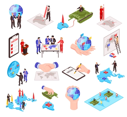 Isometric geopolitics set with isolated icons of handshakes political agreements territorial partitions standoffs on blank background vector illustration