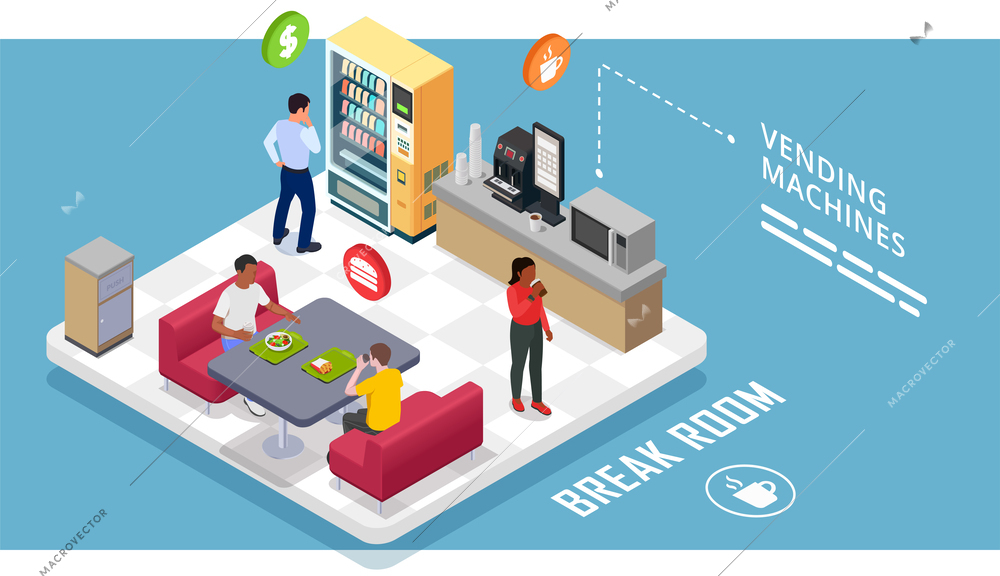 Vending machine isometric composition with isolated view of office break room with eating workers and text vector illustration