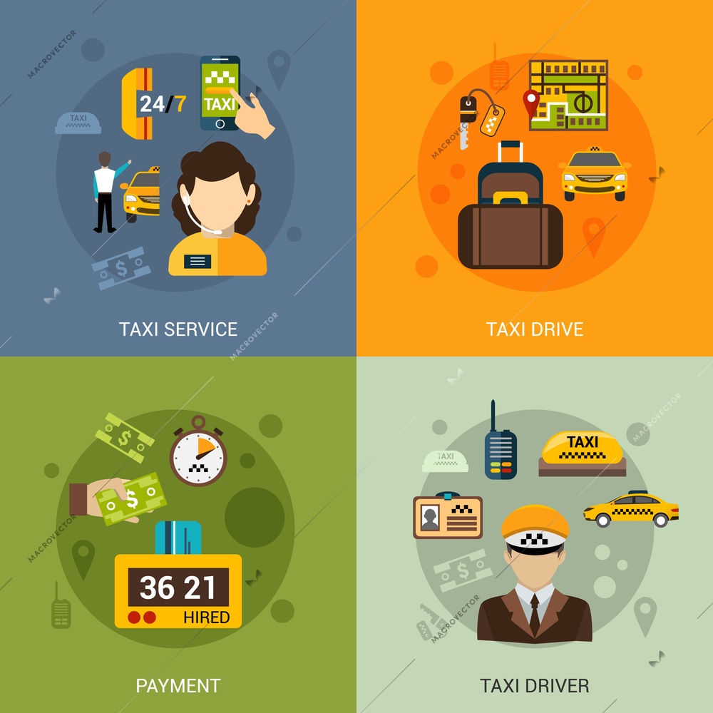 Taxi service design concept set with driver and payment flat icons isolated vector illustration