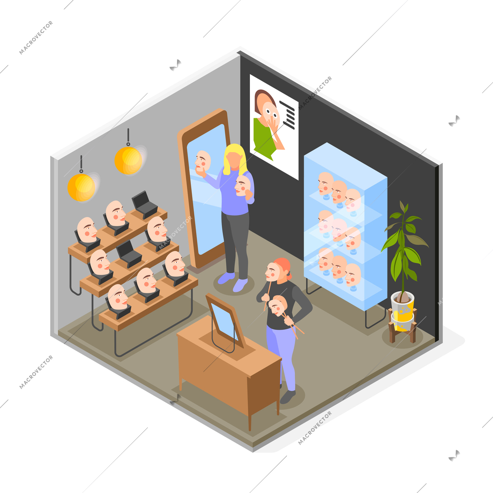 Women choosing and trying on facial social masks to hide real feelings isometric composition vector illustration